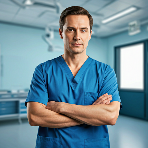 male surgeon in blue scrubs looking confident in modern hospital environment