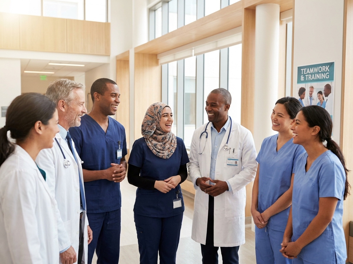 A diverse team of healthcare professionals collaborating and smiling in a modern hospital hallway.